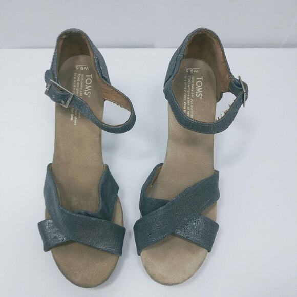 TOMS Sienna Denim Metallic Strappy Wedge Sandal Vacation Size 9.5 - Picture 2 of 11